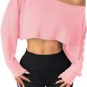 Women's Asymmetrical Off Shoulder Crop Tops Long Sleeve Ribbed Knit Lettuce Trim T Shirts (Pink, M)