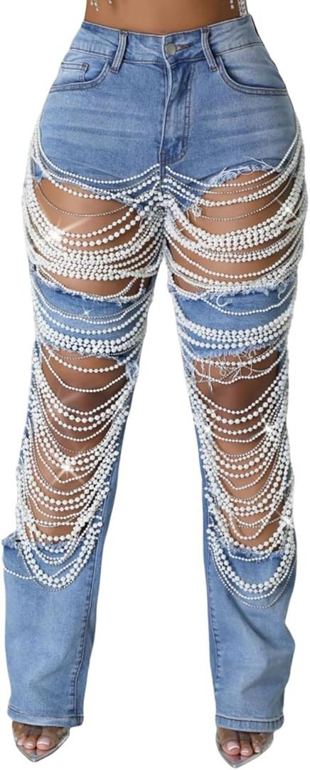 DINGANG Women's Cut Out Straight Leg Ripped Jeans with Rhinestones Pearl Bling Distressed Stretchy Denim Pants (Blue)