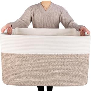 MINTWOOD Design 22in Extra Large Blanket Basket Holder Living Room, Rectangle Rope Woven Storage Basket with Handles for Laundry, Pool Towels, and Shoes, Dog Toy Organizer Bin Box, Light Brown