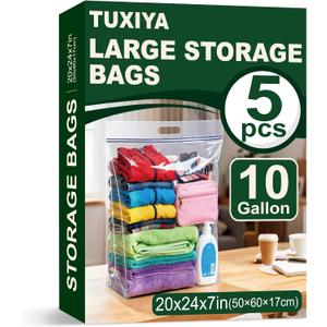 5 PACK Extra Large Storage Bags, 10 Gallon 24"x20"x7", Resealable Clear Bags with Handle, XL Heavy Duty for Clothes Travel Moving, Double Zipper Seal, Expandable Bottom, Thick 8 Mils