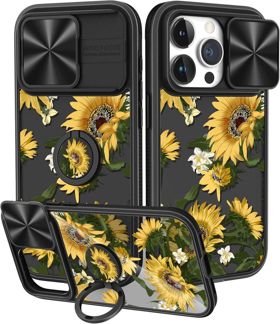 for iPhone 15 Pro Case with Slide Camera Cover, Sunflower Cases for iPhone 15 Pro with Ring Holder, Sunflowers Stylish Aesthetic Designer Slim Protective Cover for 15 Pro