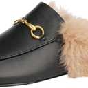 Arqa Fur Mules for Women Comfortable Leather Buckle Mule Flats Furry Padded Backless Loafers Casual Slides Shoes (Black Fur, US 11)