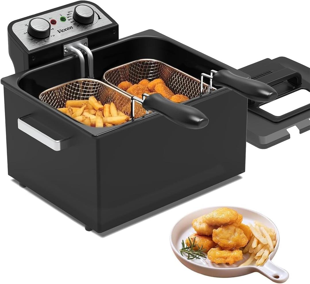 4.9 Liters/20 Cups 1800W Large Electric Deep Fryer with 3 Frying Baskets, Adjustable Temperature,View Window Lid,Countertop Stainless Steel Body Deep Fryer Pot, Fry Fish for Home Use