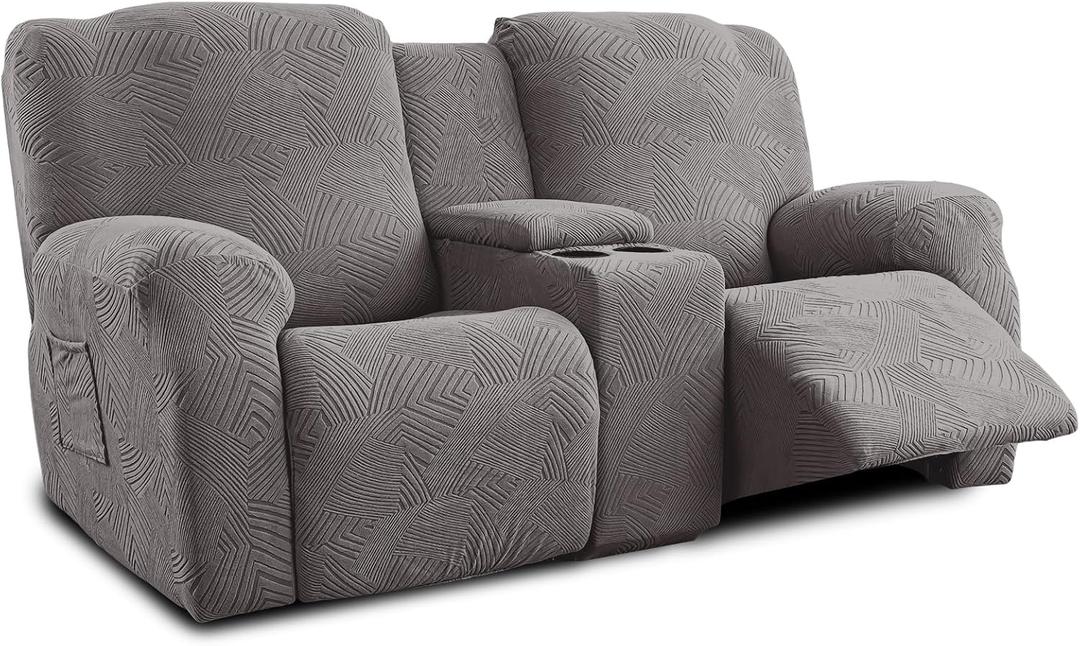 Recliner Loveseat Covers with Console,6-Piece Stretch Geometric Strokes Jacquard Reclining Chair Slipcovers,Seamless Furniture Protector,Soft Breathable Couch Cover,Medium Gray