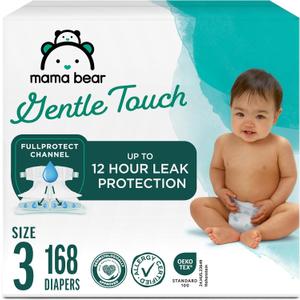 Amazon Brand - Mama Bear Gentle Touch Baby Diapers, Size 3, 168 Count (4 packs of 42), Leakproof, Keeps Baby Dry, Skin Safe, Formulated without Fragrance with Wetness Indicator