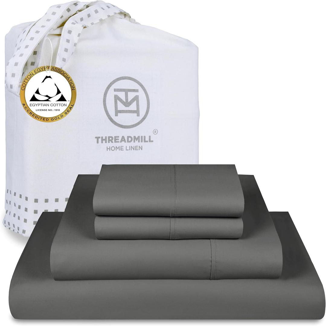 Threadmill Egyptian Cotton Queen Sheet Set | 100% Certified Egyptian Cotton Sheets for Queen Size Bed | Snug Fit Deep Pocket Queen Bed Sheets Set | Soft Cooling Sateen Bedding Set | Dark Grey