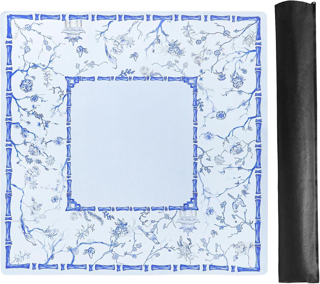 TIASUSAN Large Blue Mahjong Mat (31.5 x 31.5) with Black Carrying Bag, Anti-Slip, Noise-Reducing Table Cover for Mahjong, Poker, Board Games, Dominoes, and Card Games