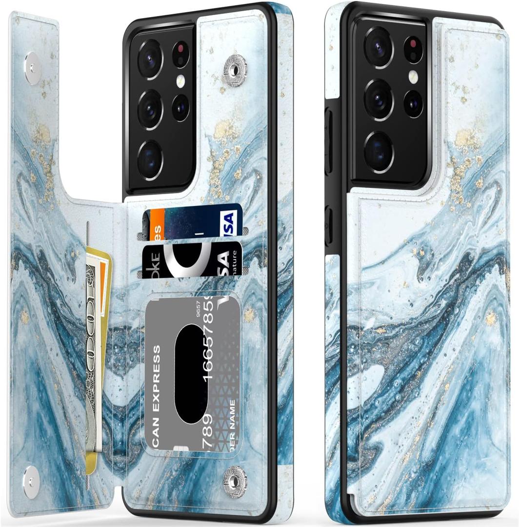 LETO Galaxy S21 Ultra Case,Flip Folio Leather Wallet Case Cover with Fashion Designs for Girls Women,Card Slots Protective Phone Case 6.8" Opal Blue Marble