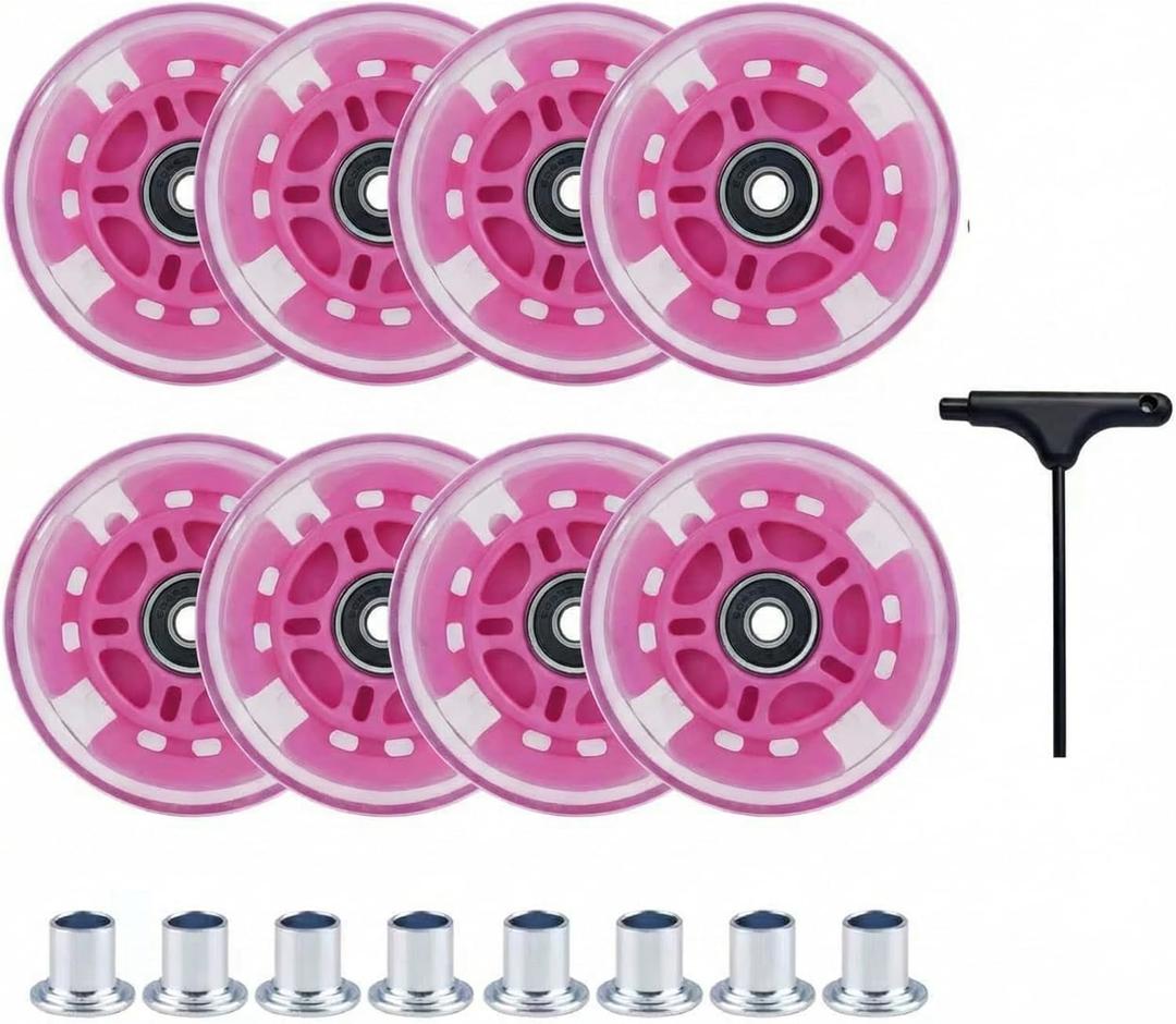 VORTRACK 8 Pack Light Up Inline Skate Wheels 80mm - 85A PU Flashing Wheels with ABEC-9 Bearings & Spacers, Indoor Outdoor Replacement Wheels for Kids Youth Adults (Pink, 80mm)