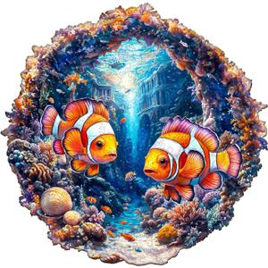 Wooden Puzzles for Adults - Clownfish Journey Wooden Jigsaw Puzzle, Unique Animal Shaped Wood Puzzles Adult, Christmas Birthday Gifts for Friends/Family, Home Decor 11.4 * 11.2in 195pcs (Medium)