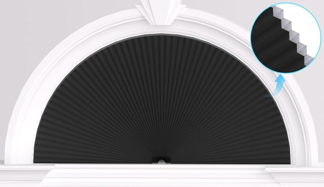Myshade Arch Window Shades Half Circle Blackout Cellular Shades Cordless No Drill Blinds for Windows Half Moon Honeycomb Fabric No Tools Room Darkening Shades Easy Install (Black 36" X 72") (Black-1 Pack)