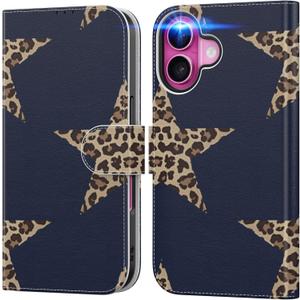 DEENAKIN for iPhone 16 Wallet Case with Card Holder + Cash Clip, RFID-Blocking, Military-Grade Drop Protection & UV-Printed Artwork, Magnetic Closure with Leather Kickstand - Leopard Star