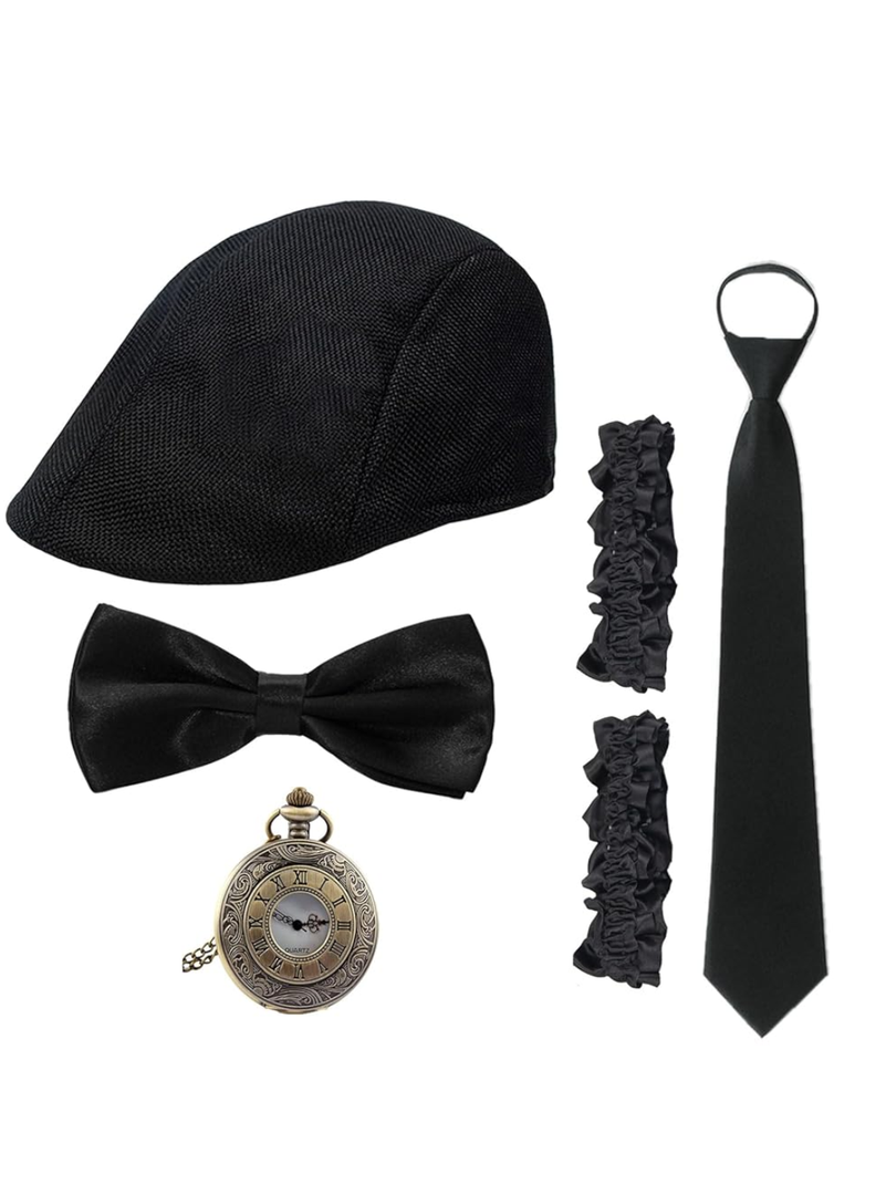 1920s Mens Costume Accessories Set, Roaring 20s Gangster Outfit Accessories with Hat Pocket Watch Bow Tie Armband and Jacket