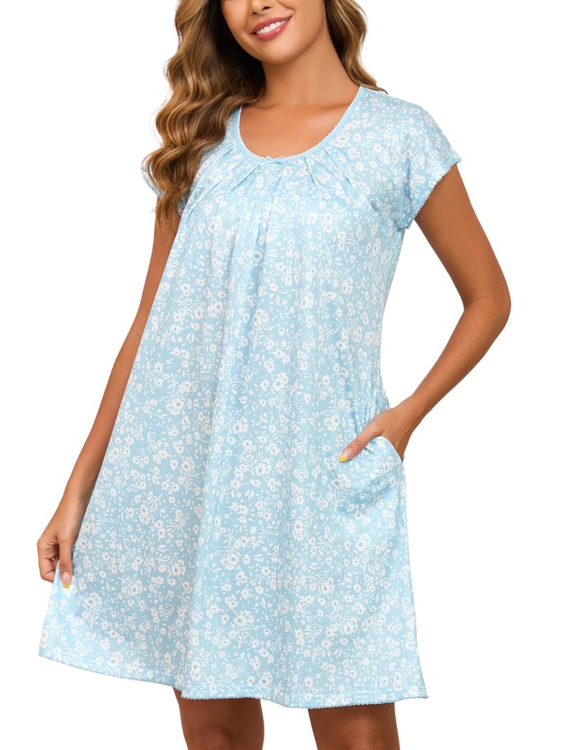 Donnalla Moo Moos for Women Short Sleeve House Dress with Pockets Floral Print Mumu Dress Soft Nightgown Plus Size Sleepwear Hawaiian Muumuu Loungewear (Blue, XXL)
