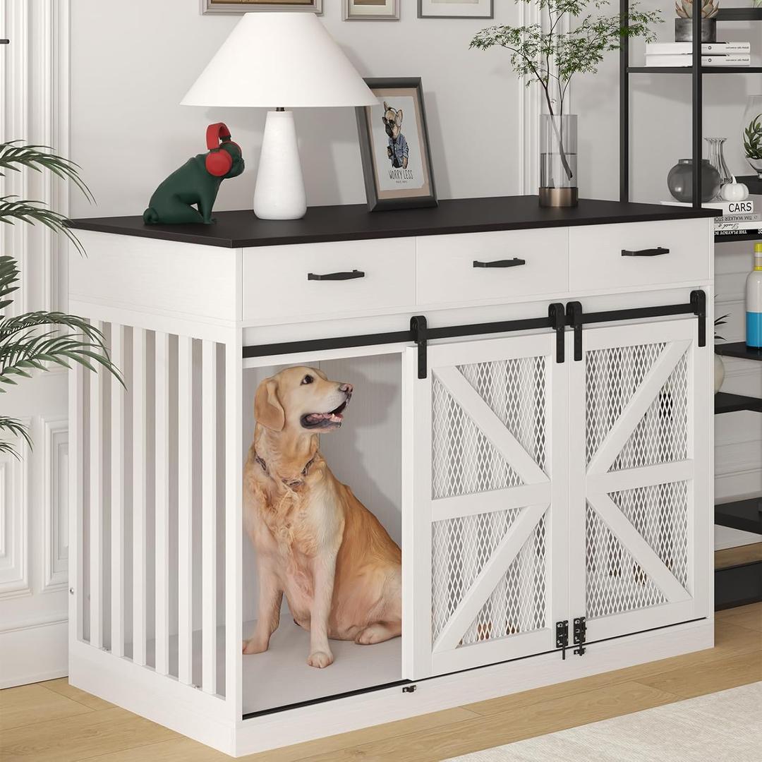 48'' Dog Crate Furniture with Divider&Storage Drawers, Wooden Double Dog Kennel Furniture End Table with Sliding Barn Doors, White Double Dog Crate TV Stand (47.6"L x 22.8"W x 35.5"H)