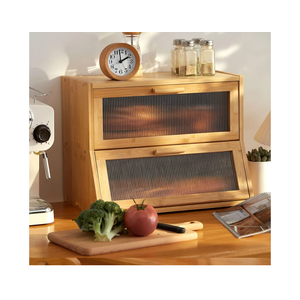 GHWIE Double Layer Bamboo Bread Box for Kitchen Counter,Large Capacity Bread Storage Bin,Bread Container with Acrylic Wavy Door Panel (Natural, Medium)