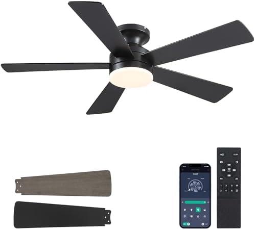 BYKISTOK Flush Mount Ceiling Fans with Lights - 46" Black Low Profile Ceiling Fan Light with Remote/APP, 6 Speeds Mute Reversible Motor, Modern Ceiling Fans for Indoor and Outdoor, Bedroom, Patios