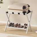Forevich Luggage Rack Bamboo Folding Suitcase Stand with Storage Shelf for Guest Room Living Room Hotel Essentials Heavy-Duty Luggage Holder for Suitcases Bags Shoes , White