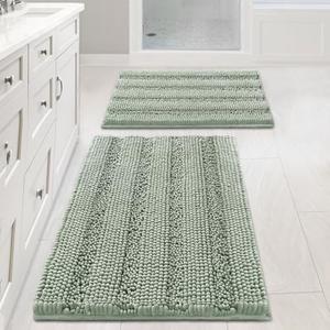 H.VERSAILTEX Sage Bathroom Rugs, Bath Mat Set of 2 Extra Thick Chenille Striped Pattern Shaggy Bath Rugs for Bath Room, Non Skid Bath Mats for Bathroom Floor (32 x 20 Plus 24 x 17 - Inches), Green