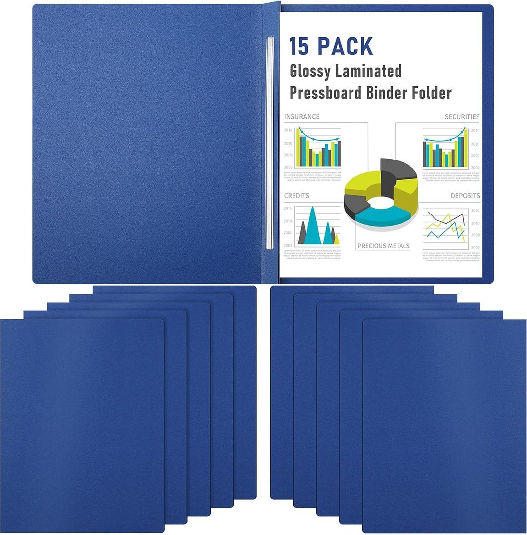 15 Pack 8. 5 x 11 Blue Pressboard Report Covers, Letter Size Paper Folders with Metal Prong Fastener, 3'' Capacity Glossy File Documents Presentation Binder Portfolios Holders