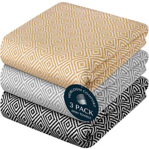 Multi Color Kitchen Towels 3 Pack, 100% Cotton, Diamond Weave Towel Set, 16"x26", Super Absorbent & Durable Dishcloths, Quick Drying Cloth for Drying Dishes - Kakki, Ash Grey, Black
