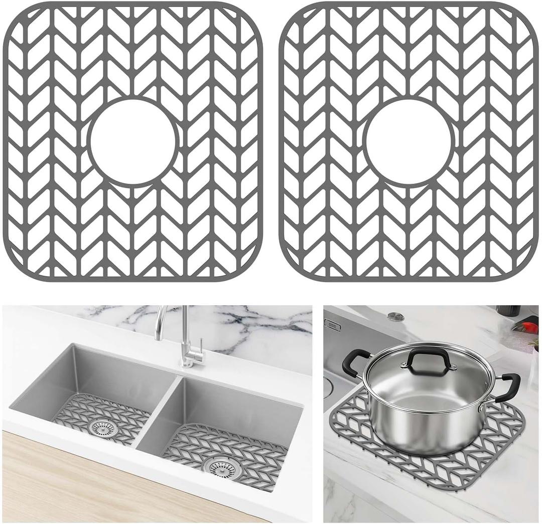 AWOKE Silicone Sink Protectors for Kitchen Sink, 12" x 11" Mat for bottom of sink, Center Drain Hole, Protect from Stains, Scratches, Dishwasher Safe Grid for Kitchen (2 Pack, Gray)