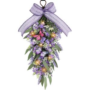 Jusdreen LED Teardrop Floral Wreath with Butterflies, Faux Lavender Hanging Decor with Lights for Farmhouse Home