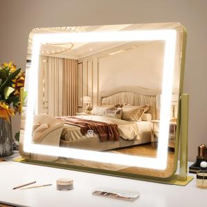 ROLOVE Gold Vanity Mirror with Lights - Smart Touch Dimming, 3-Color Lighting, 360 Rotatable Desktop Makeup Mirror for Desk, 22"x17"