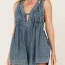 Womens Denim Romper Sleeveless Tie Front V Neck Casual Jean Overall Shorts Romper With Pockets (Blue, XL)