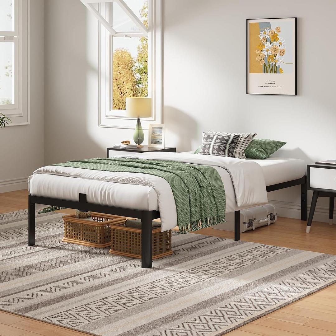Twin Bed Frame with Round Corner Legs, 14 Inch Platform Bed Heavy Duty Steel Slats Support, Noise Free No Box Spring Needed Easy Assembly（14T,Black