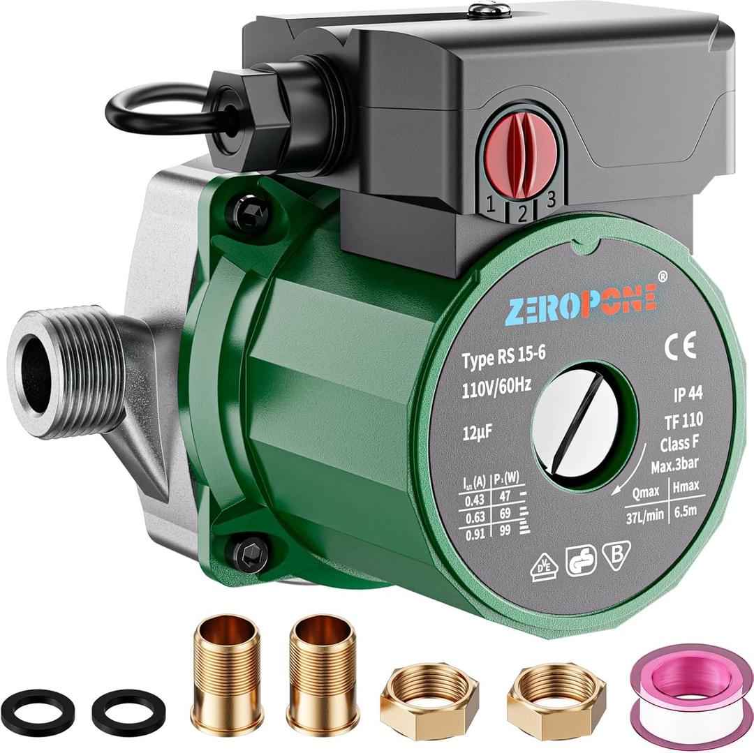 ZeroPone Hot Water Recirculating Pump, 93W Water Circulator Pump NPT 3/ 4" w/ NPT 1/ 2" Adapter, Stainless Steel Head, 15-6S 3 Speed Control for Electric Water Heater System