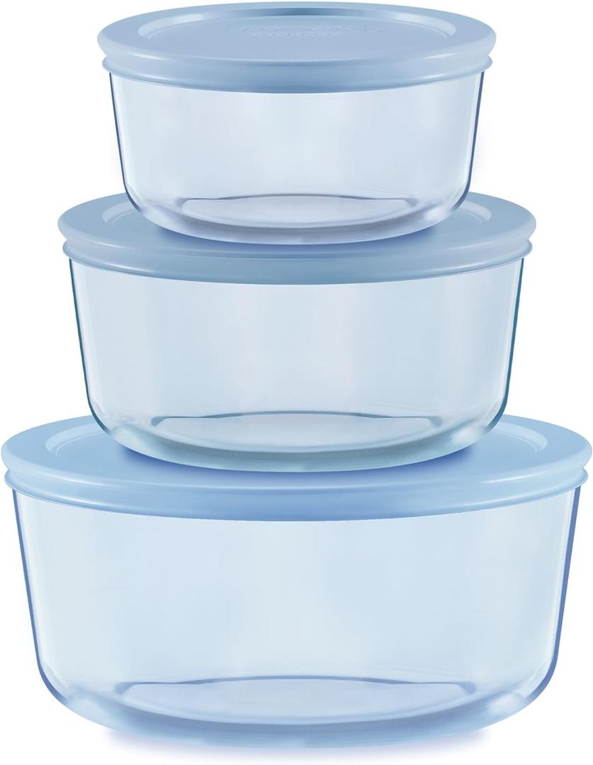 Pyrex Colors Tinted (6-PC Medium) Small/Medium Round Food Storage Container Set, Snug Fit Non-Toxic Plastic BPA-Free Lids, Freezer Dishwasher Microwave Safe, 2 Cup, 4 Cup & 7 Cup (Blue)