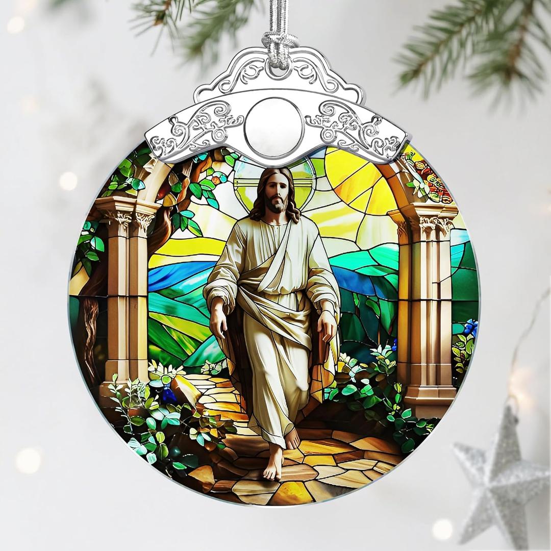 Jesus Stained Glass Christmas Decorations - Religious Christmas Ornaments | Christian Home Decor | Holiday Ornaments Religious Gifts | Christian Gifts | Lord Jesus Gift for Easter or Xmas