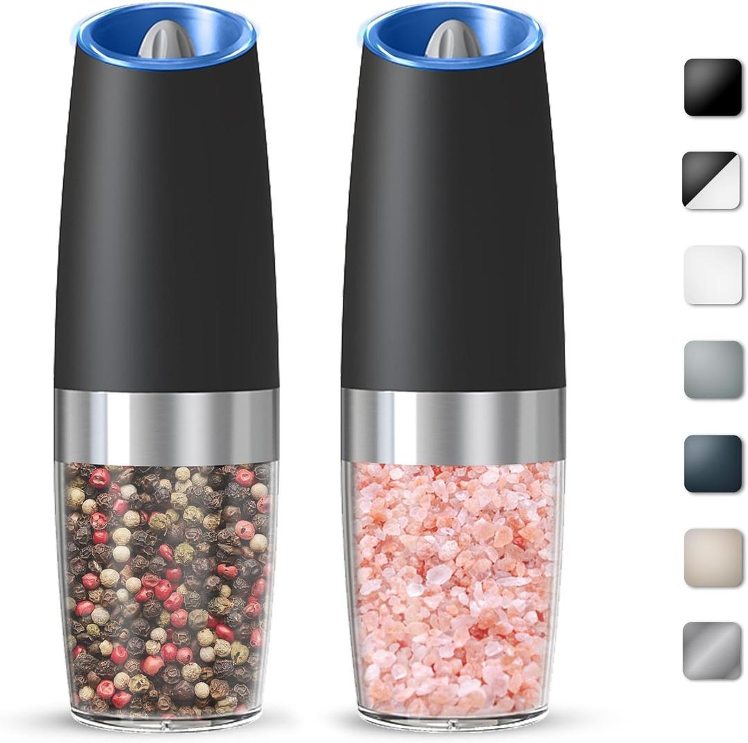 Gravity Electric Salt And Pepper Grinder Set, Automatic Salt And Pepper Grinder Set, Battery Powered (6 AAA Batteries Each), Adjustable Roughness, LED Light, 2 Pack, (Black)