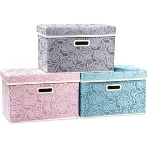 PRANDOM Larger Collapsible Storage Cubes with Lids Fabric Decorative Storage Bins Boxes Organizer Containers Baskets with Cover Handles for Bedroom Closet Living Room 17.7x11.8x11.8 Inch 3 Pack (Assorted Color)