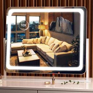 Hasipu Vanity Mirror with Lights, 24.2" x 18.9" LED Make up Mirror, Light up Mirror with 10X Magnification, Smart Touch 3 Colors Dimmable, 360 Rotation (White)