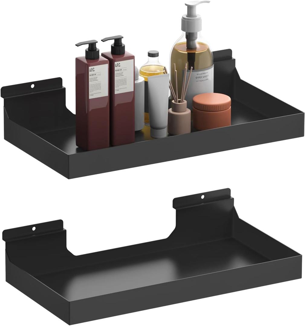 2 Pcs 16X8 Inch Slatwall Shelves, Heavy Duty Slatwall Baskets, Metal Slat Wall Shelves Accessories, Metal Retail Display for Storage and Organization, Black