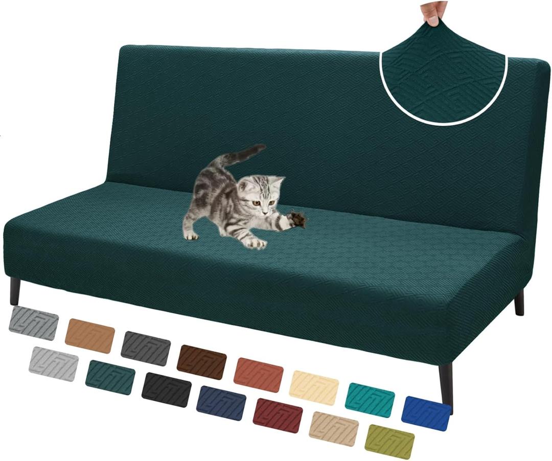 XINEAGE 2025 New Futon Cover Full Size Stretch Armless Sofa Bed Cover Anti-Slip Furniture Protector Without Armrests Futon Slipcover with Elastic Bottom (67"-82", Blackish Green)