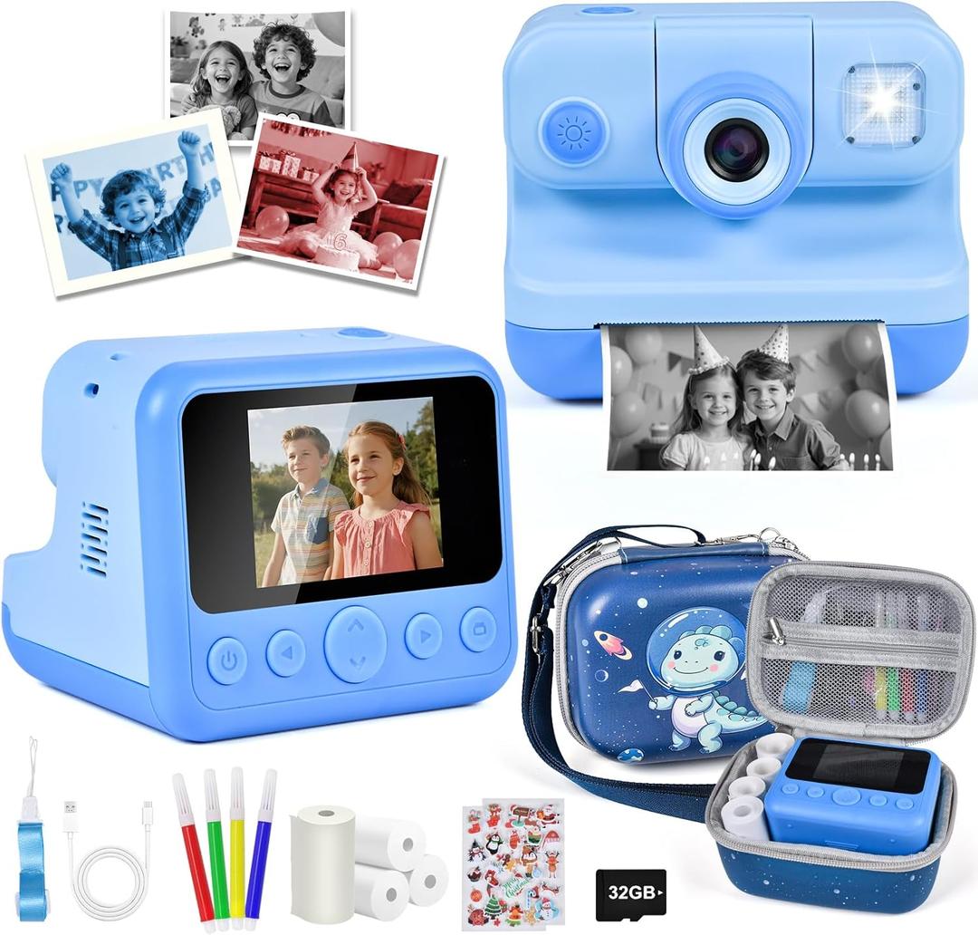 Elecoutek Kids Instant Print Camera, 30MP 1080P HD Digital Camera for Boys Girls with Color Pens & 32GB Card, Christmas Birthday Gifts Kids Toys for 3-12 Years Old (Blue with Bonus Carry Bag)