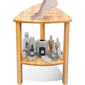Teak Shower Bench - Corner Stool for Shaving Legs, Waterproof with Storage, Indoor/Outdoor Use