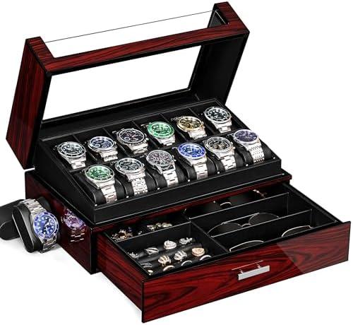 ANWBROAD Watch Box for Men 12 Slots Watch Case with Glass Lid 2 Layers Paint Watch Holder Jewelry and Watch Storage Faux Leather Lining Luxurious Gifts or Men Women UJWB005Y