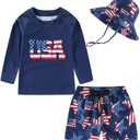 Toddlers Baby Boys' 3-Piece Rashguard Set Kids Bathing Suit Set with Hat UPF 50+ (6-9 Months, Usa Flag)