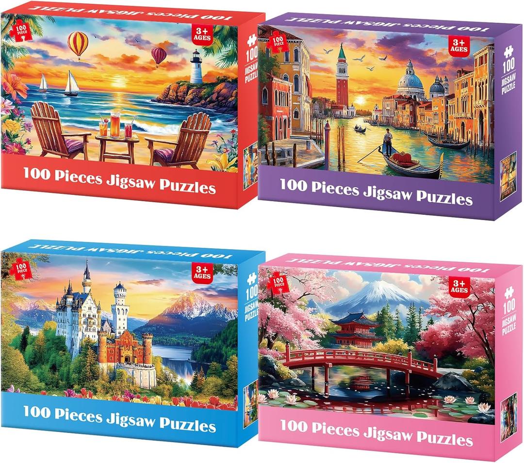 100 Piece Puzzle World Famous Landscapes Jigsaw Puzzles Large Piece Puzzles for Adult Seniors Kids Puzzles for Kids Ages 4-6 6-8 Learning Educational Toys Gifts for Girls Boys 4 Packs