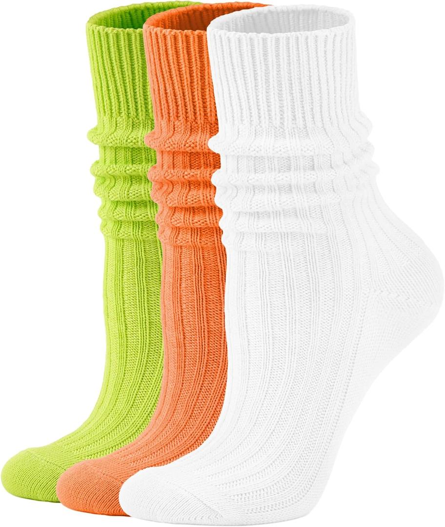 3 x Women's Neon Scrunch Crew Socks 80s 90s Retro 3-Pack Cotton Stacked Boot Calf Cozy Ribbed Slouchy Socks Size 5-10 (1-white/Neon Green/Neon Orange)