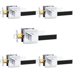 Probrico Heavy Duty Square Door Handle with Black Leather Hand Lever, Keyless Passage Interior Door Levers for Hallway or Closet, Polished Chrome, 5 Pack