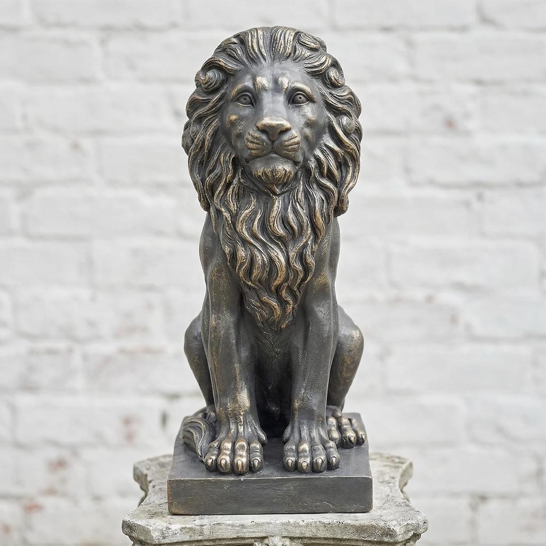 Sculptures Garden Statues, Outdoor Lion Statue 27in Tall, Magnesium Oxide Stone Composite Animal Sculpture Statue Decor for Home Decor Yard Patio Garden, Dark Gray with Gold Accents, Standard