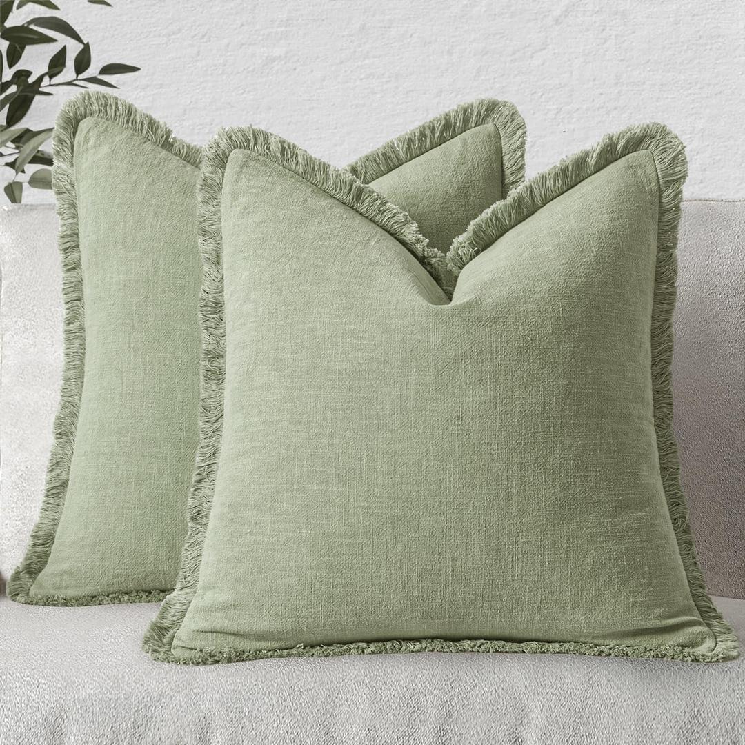 MIULEE Decorative Throw Pillow Covers Neutral Linen Fringe Throw Pillows Euro Shams Set of 2 Sage Green Boho Farmhouse Cushion Covers for Couch Sofa Bed Living Room Spring Home Decor 22x22 Inch