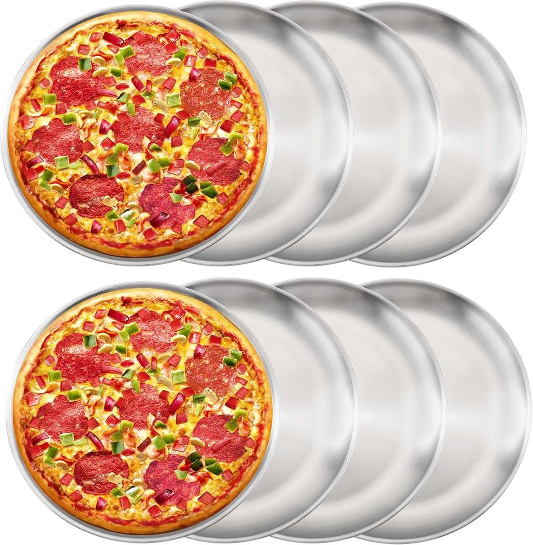 8 Pieces Pizza Pan 12 inch Stainless Steel Pizza Pan for Oven, Round Baking Pizza Tray, Heavy Duty Pizza Serving Tray, Pizza Baking Sheets for Home Kitchen Restaurant