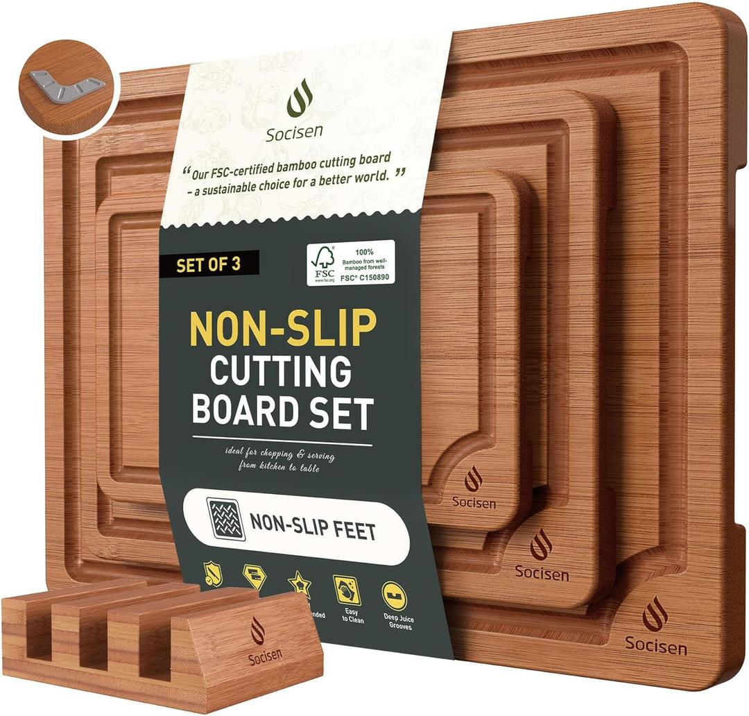 3 Packs Bamboo Cutting Board Set with Non Slip Feet Holder and Over Sink Nice Solid Thick Wood Juice Groove Chopping Board Extra Large Big Small Best Hardwood Kitchen Organic Vegetable Meat BBQ Kit (Brown)
