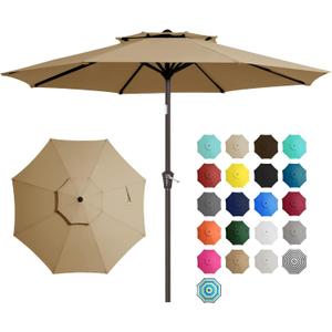 JEAREY 9' 2-Tiers Patio Umbrellas Outdoor Table Market Umbrella w/Push Button Tilt/Crank, 8 Sturdy Ribs, UV Protection Waterproof Sunproof(Tan)
